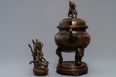 A silver-inlaid bronze incense burner and a model of Avalokiteshvara, China or Vietnam, 19/20th C.