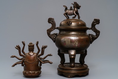 A silver-inlaid bronze incense burner and a model of Avalokiteshvara, China or Vietnam, 19/20th C.