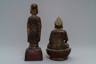 Deux figures en bronze dor&eacute; et laqu&eacute; figurant Mahakasyapa et Bouddha Shakyamuni, Chine, Ming et apr&egrave;s