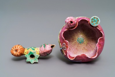 A Chinese famille rose flower-shaped brush washer and a brush rest, 19th C.