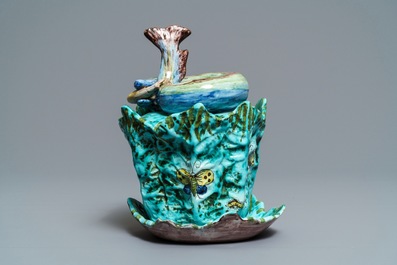 A Brussels faience eel tureen on stand with butterflies and caterpillars, late 18th C.