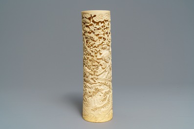 A large Japanese carved ivory brush pot, Meiji, 19th C.