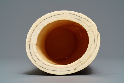 A large Japanese carved ivory brush pot, Meiji, 19th C.