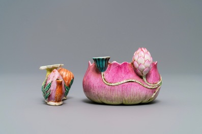 A Chinese famille rose flower-shaped brush washer and a brush rest, 19th C.