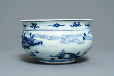 A Chinese blue and white censer with figures in a landscape, Kangxi