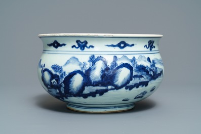 A Chinese blue and white censer with figures in a landscape, Kangxi