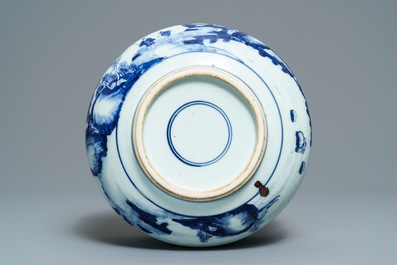 A Chinese blue and white censer with figures in a landscape, Kangxi