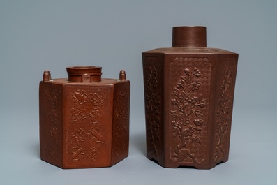 A Chinese relief-decorated Yixing stoneware caddy and a teapot, Kangxi