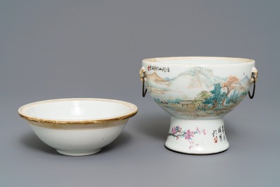 Un bol couvert sur piedouche et une jardini&egrave;re en porcelaine de Chine qianjiang cai, 19/20&egrave;me