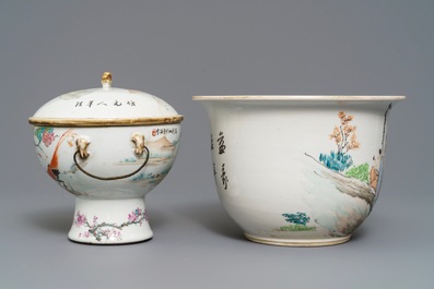 Un bol couvert sur piedouche et une jardini&egrave;re en porcelaine de Chine qianjiang cai, 19/20&egrave;me