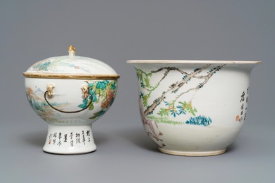 Un bol couvert sur piedouche et une jardini&egrave;re en porcelaine de Chine qianjiang cai, 19/20&egrave;me