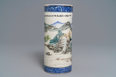 A cylindrical Chinese qianjiang cai hat stand, signed Wang Youtang, 20th C.