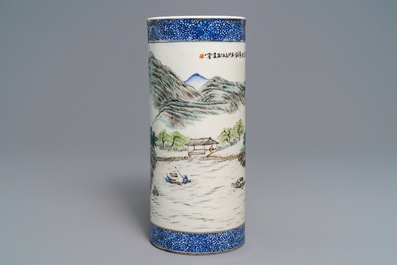A cylindrical Chinese qianjiang cai hat stand, signed Wang Youtang, 20th C.