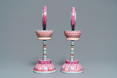 Two Chinese famille rose Buddhist altar ornaments, Qianlong mark, 19th C.