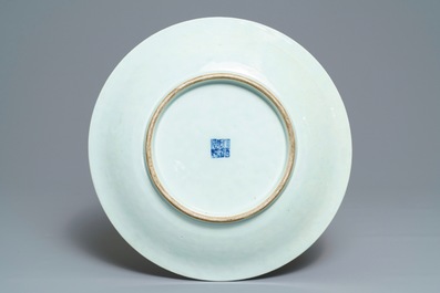 A Chinese blue and white lotus dish, Qianlong mark and of the period