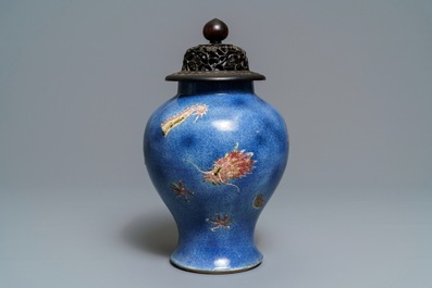 A Chinese powder blue and copper red 'dragon' vase, Kangxi mark, 19th C.