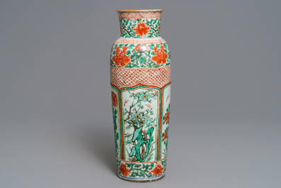 A tall Chinese wucai rouleau vase, Transitional period or Kangxi
