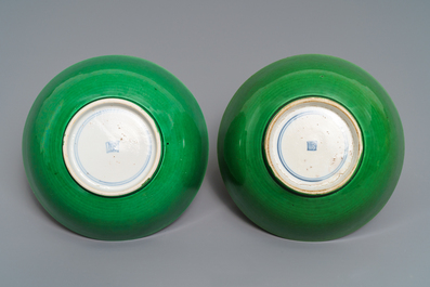 A pair of Chinese monochrome green bowls, Kangxi