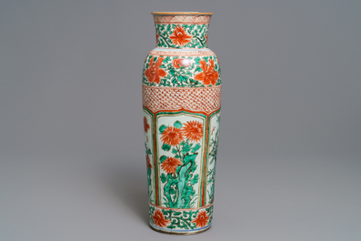 A tall Chinese wucai rouleau vase, Transitional period or Kangxi