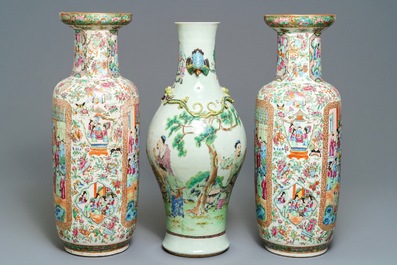 Three Chinese Canton famille rose vases, 19th C.