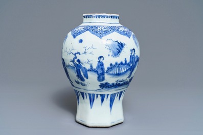 A Chinese blue and white baluster vase with figural design, Transitional period