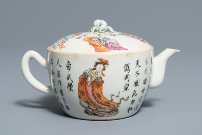 Seven Chinese famille rose and doucai plates, two covered bowls and a 'Wu Shuang Pu' teapot, 19/20th C.