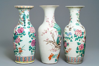 Three Chinese famille rose 'birds and flowers' vases, 19th C.