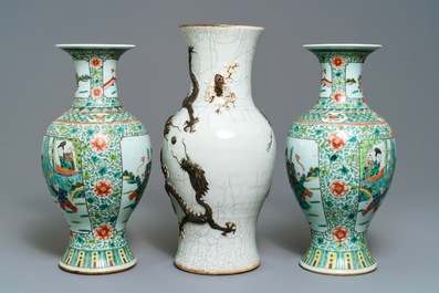 A pair of Chinese famille verte vases and a Nanking 'dragon' vase, 19th C.