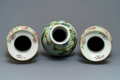 Three Chinese Canton famille rose vases, 19th C.