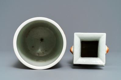 Two Chinese qianjiang cai dishes, a hat stand and a square vase, 19/20th C.