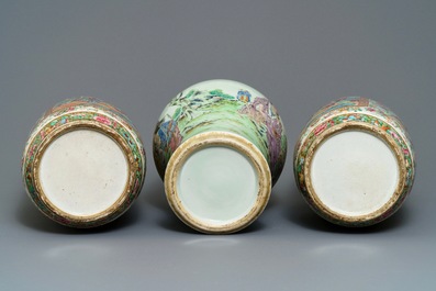 Three Chinese Canton famille rose vases, 19th C.