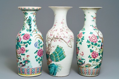 Three Chinese famille rose 'birds and flowers' vases, 19th C.