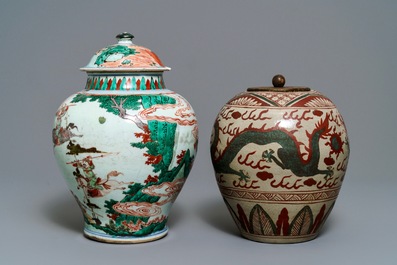 A Chinese famille verte vase and a Swatow jar, Transitional period and 19th C.