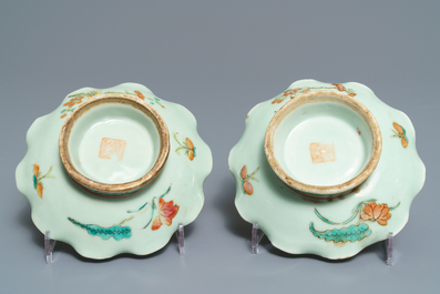 Six bols en porcelaine de Chine c&eacute;ladon et une paire de bols sur supports pour le march&eacute; Peranakan ou Straits, 19&egrave;me