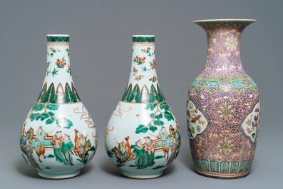 A pair of Chinese famille verte vases and a pink-ground famille rose vase, 19th C.