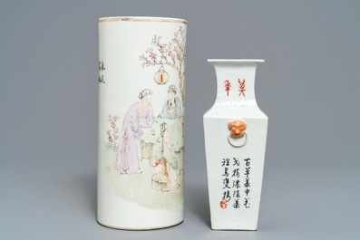 Two Chinese qianjiang cai dishes, a hat stand and a square vase, 19/20th C.