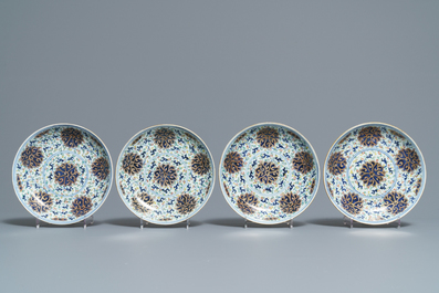 Seven Chinese famille rose and doucai plates, two covered bowls and a 'Wu Shuang Pu' teapot, 19/20th C.