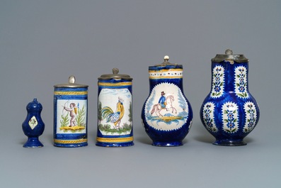 Four pewter-mounted Brussels faience jugs and a shaker, 18/19th C.