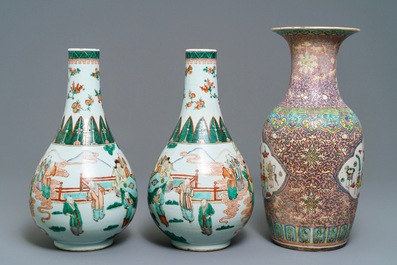 A pair of Chinese famille verte vases and a pink-ground famille rose vase, 19th C.