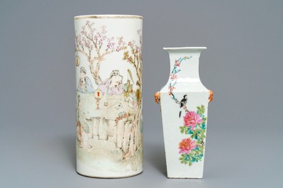 Two Chinese qianjiang cai dishes, a hat stand and a square vase, 19/20th C.