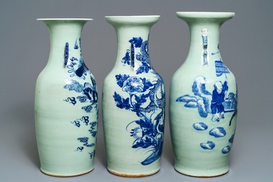 Three Chinese blue and white on celadon ground vases, 19th C.