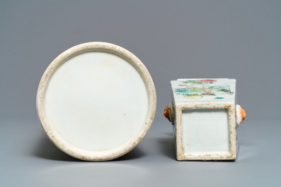 Two Chinese qianjiang cai dishes, a hat stand and a square vase, 19/20th C.