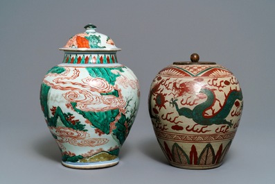 A Chinese famille verte vase and a Swatow jar, Transitional period and 19th C.