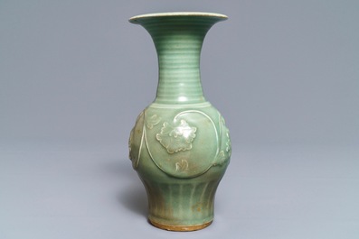 A Chinese Longquan celadon 'peony' vase, Song/Ming