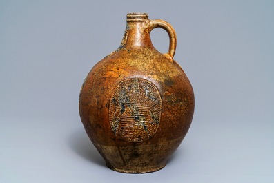 A large German stoneware Bellarmine jug with blue marriage seals, Frechen, 1st half 17th C.