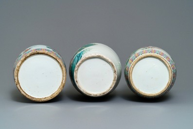 Three Chinese famille rose 'birds and flowers' vases, 19th C.