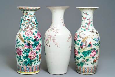 Three Chinese famille rose 'birds and flowers' vases, 19th C.