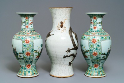 A pair of Chinese famille verte vases and a Nanking 'dragon' vase, 19th C.