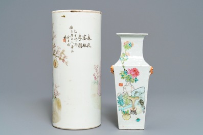 Two Chinese qianjiang cai dishes, a hat stand and a square vase, 19/20th C.