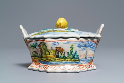 A very fine polychrome petit feu Dutch Delft butter tub on stand, 18th C.